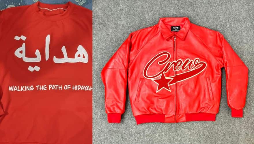 chenille embroidery on a jacket and a tee of client manufactured by Gears Sphere