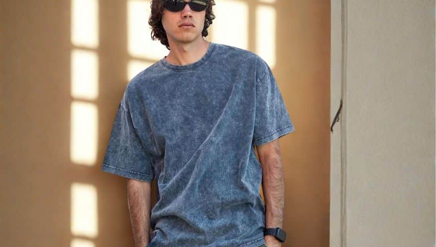 model wearing a high gsm heavy weight cotton stone washed drop shoulder tee