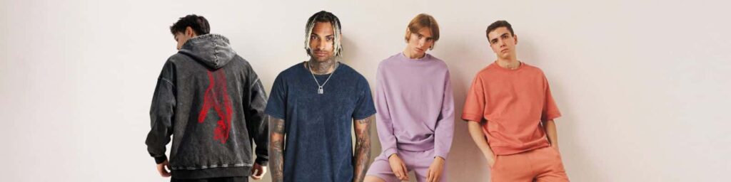 Examples of clothing wash types including acid wash hoodie, vintage wash t shirt, garment soft washed streetwear collection manufactured by Gears Sphere