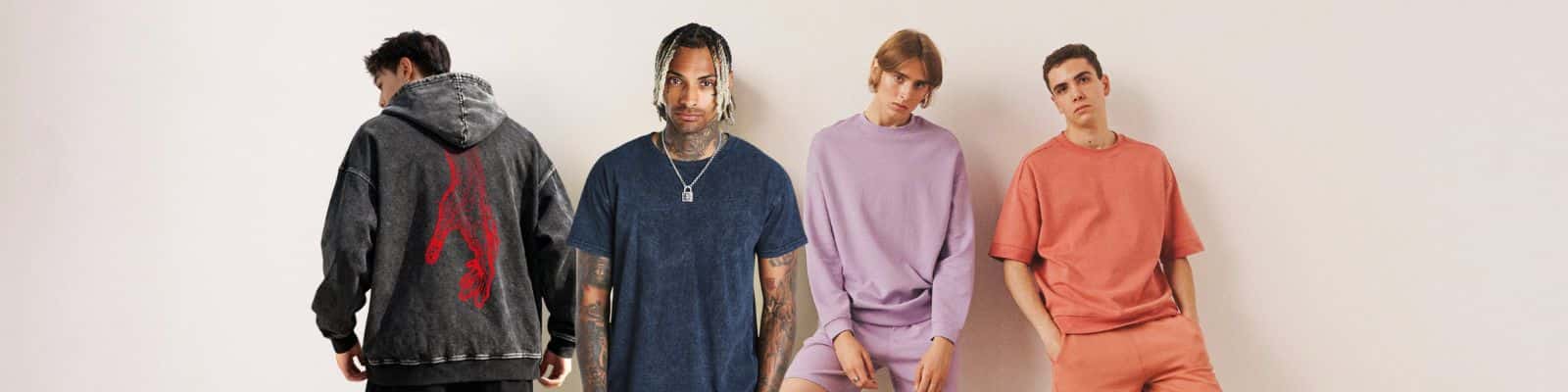 Examples of clothing wash types including acid wash hoodie, vintage wash t shirt, garment soft washed streetwear collection manufactured by Gears Sphere